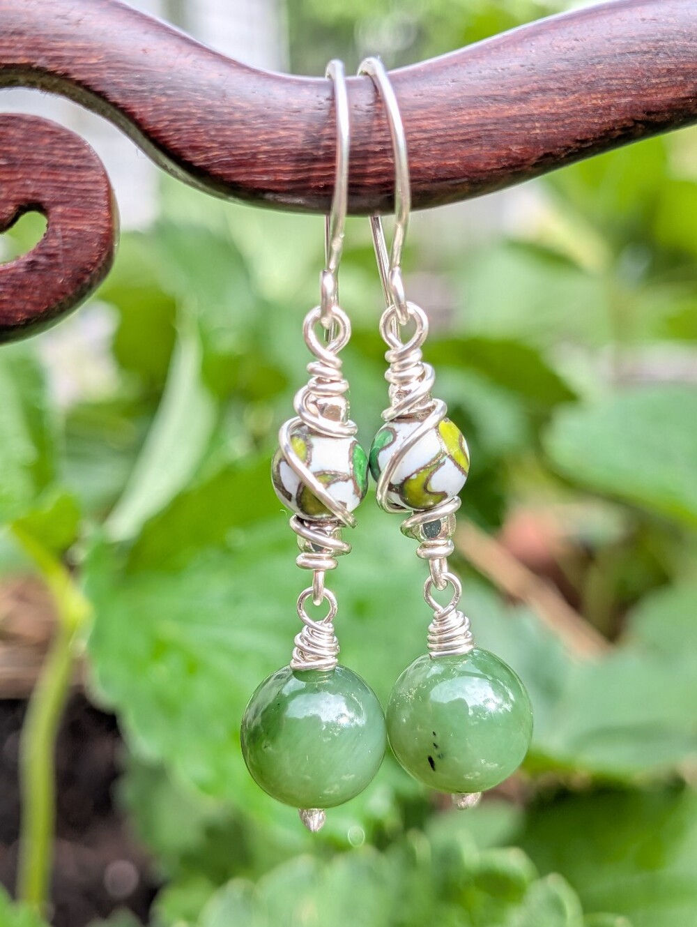 Artisan Jade Earrings-Natural Gemstone and Vintage Cloisonne In Sterling Silver - Picture 6 of 14